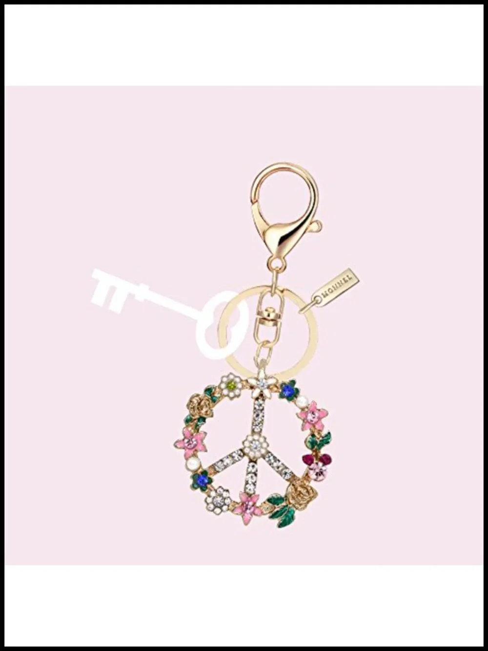 Bling Crystal Flower Peace Sign Key Ring with Velvet Bag